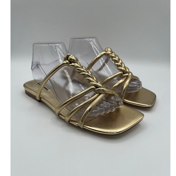 NINE WEST WOMENS MAKEE SQUARE GOLD FLAT DRESS SLIDE SANDAL 9M - Picture 3 of 9